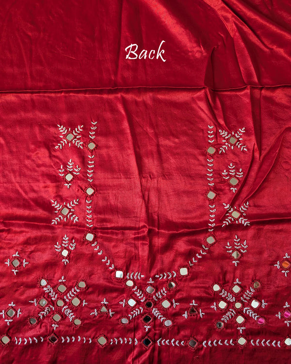 Close-up of Kutch mirror work on the back of Red Mashru Silk Blouse Piece