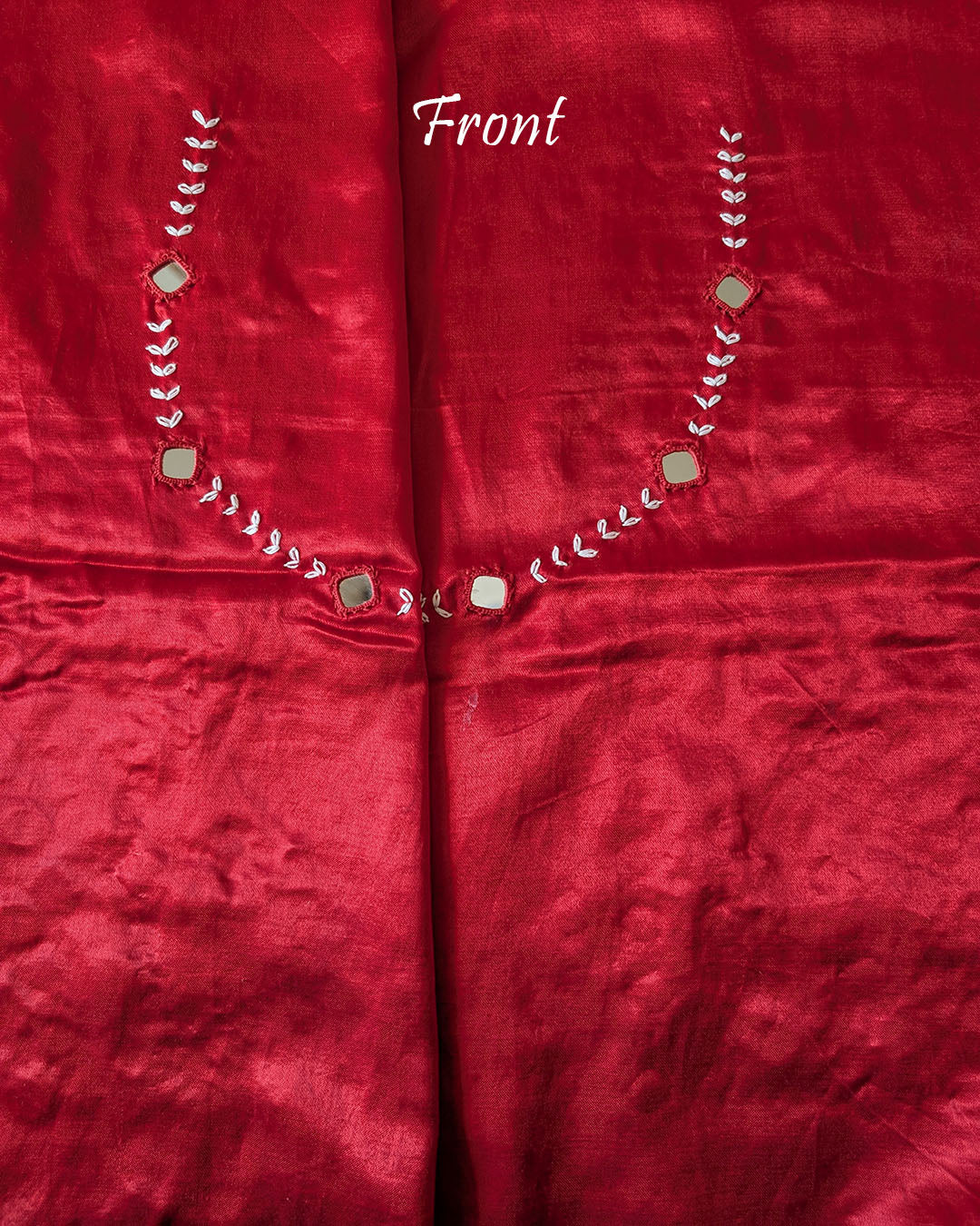Close-up of Kutch mirror work on front neckline of Red Mashru Silk Blouse Piece