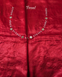 Close-up of Kutch mirror work on front neckline of Red Mashru Silk Blouse Piece