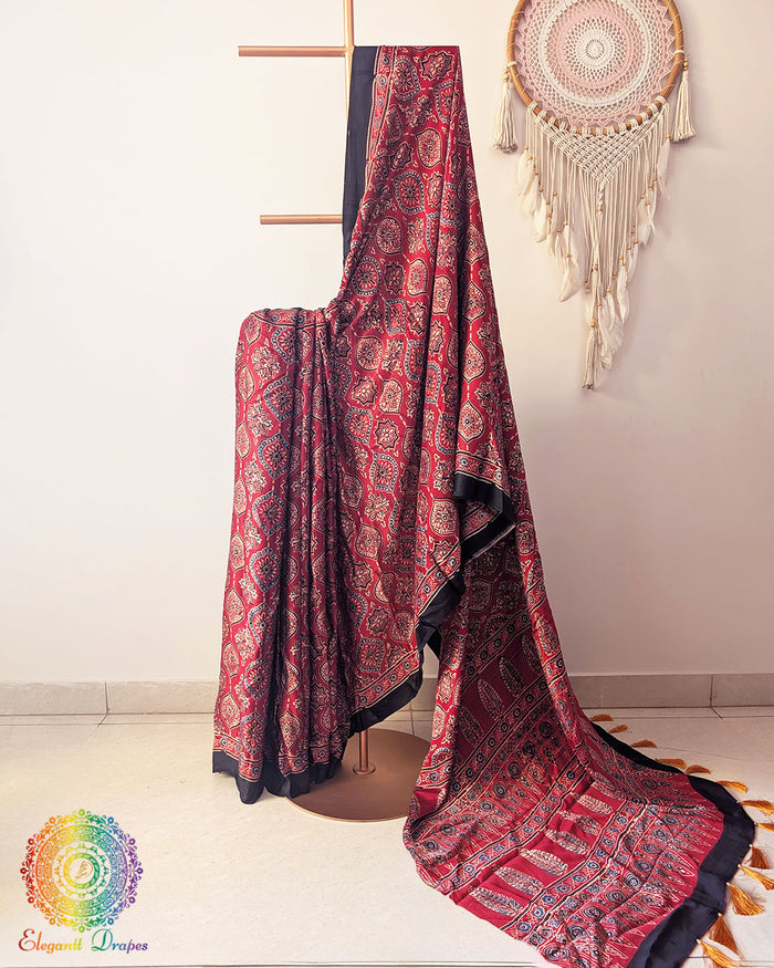 Deep red modal silk Ajrakh saree drape view