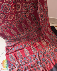 Deep red modal silk Ajrakh saree drape view