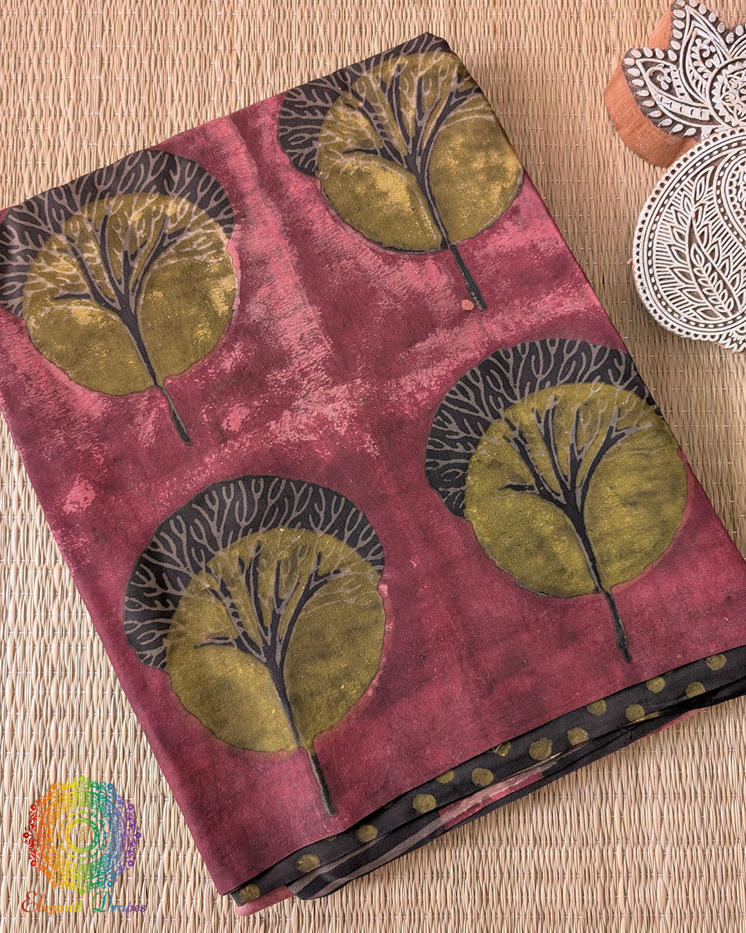 Red Nashpal Pomegranate Modal Tussar Saree folded view