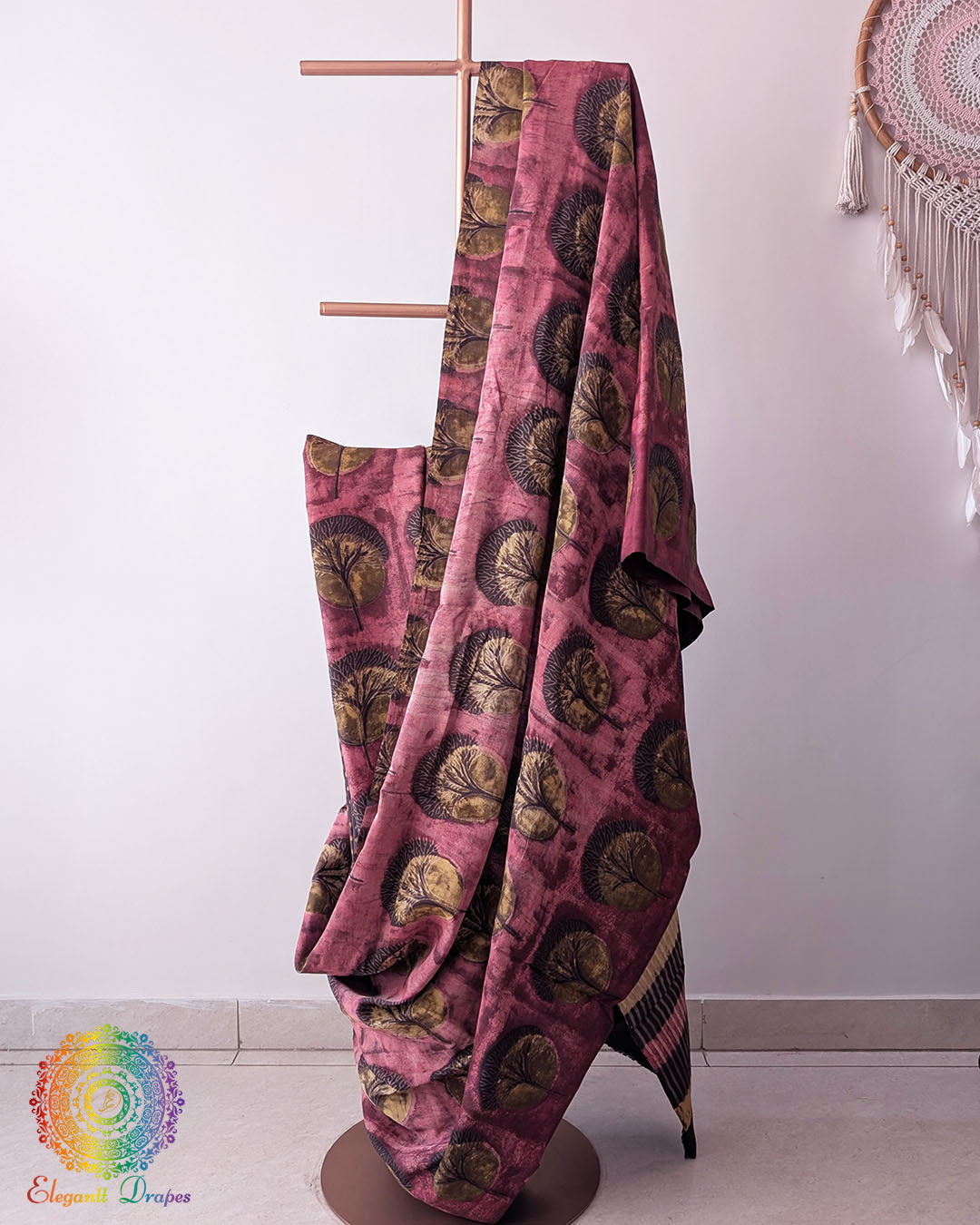 Red Modal Tussar Saree draped with Pomegranate Nashpal dye