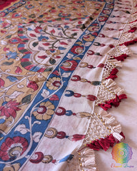 Close-up of the Kalamkari pallu with heavy tassels on the Red Bandhani Kalamkari Muga Silk Saree