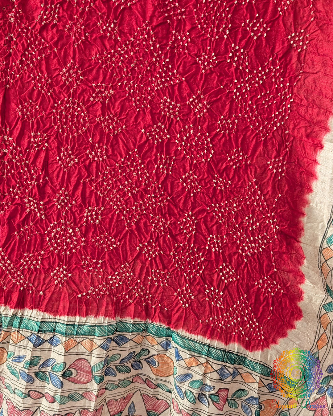 Detailed Bandhani pattern on the Red Muga Silk Dupatta