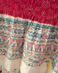 Close-up of the hand-painted Madhubani artwork on the Red Muga Silk Dupatta