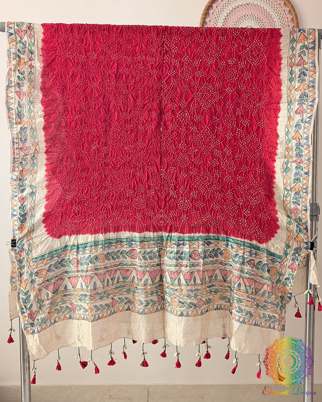 Red Muga Silk Dupatta with Bandhani body and hand-painted Madhubani border