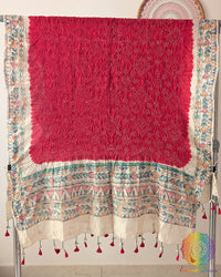 Red Muga Silk Dupatta with Bandhani body and hand-painted Madhubani border