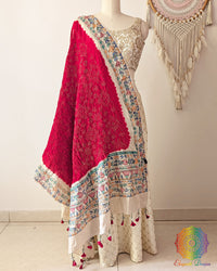 Red Bandhani Madhubani Muga Silk Dupatta full draped view