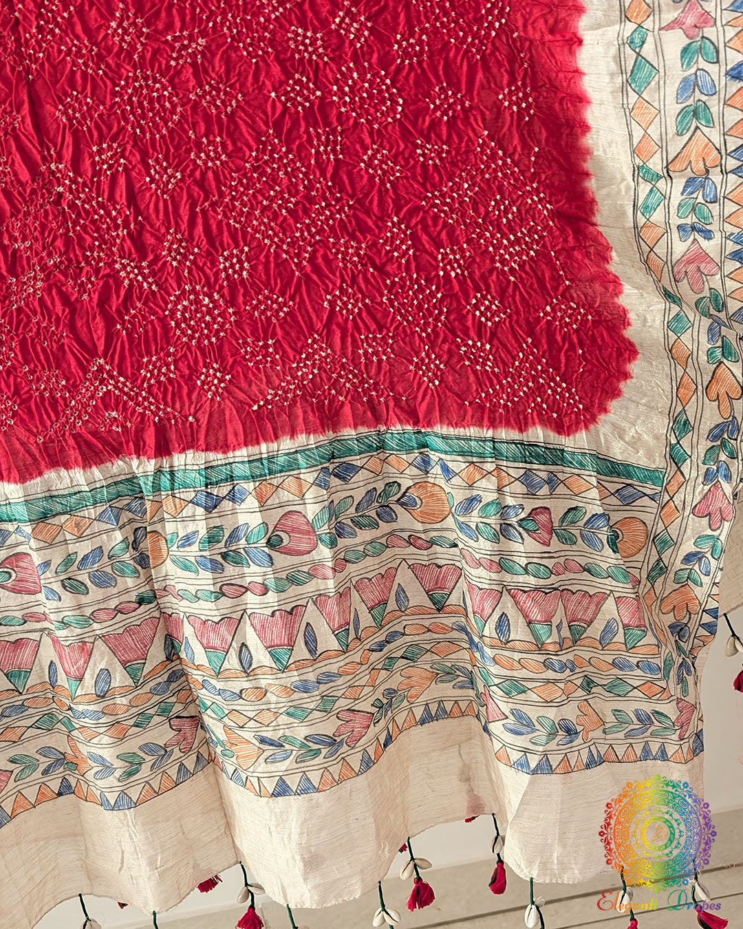 Red Bandhani Madhubani Muga Silk Dupatta for festive and traditional wear