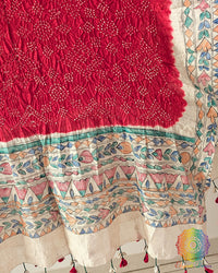 Red Bandhani Madhubani Muga Silk Dupatta for festive and traditional wear