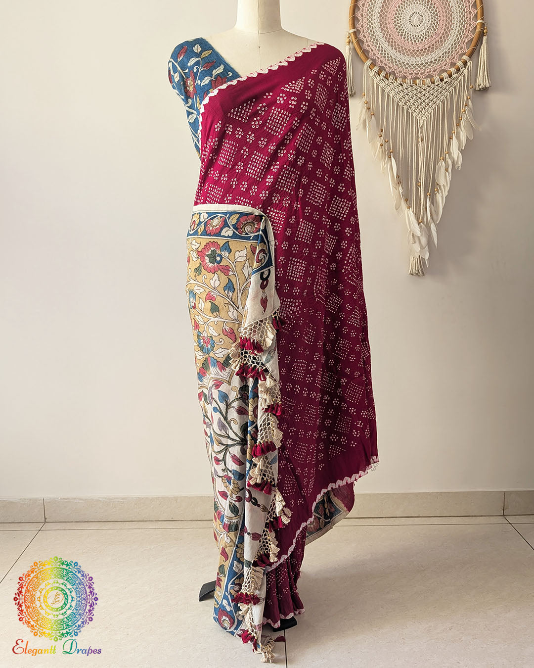 Full drape of the Red Bandhani Kalamkari Muga Silk Saree featuring a Bandhani body and Kalamkari pallu