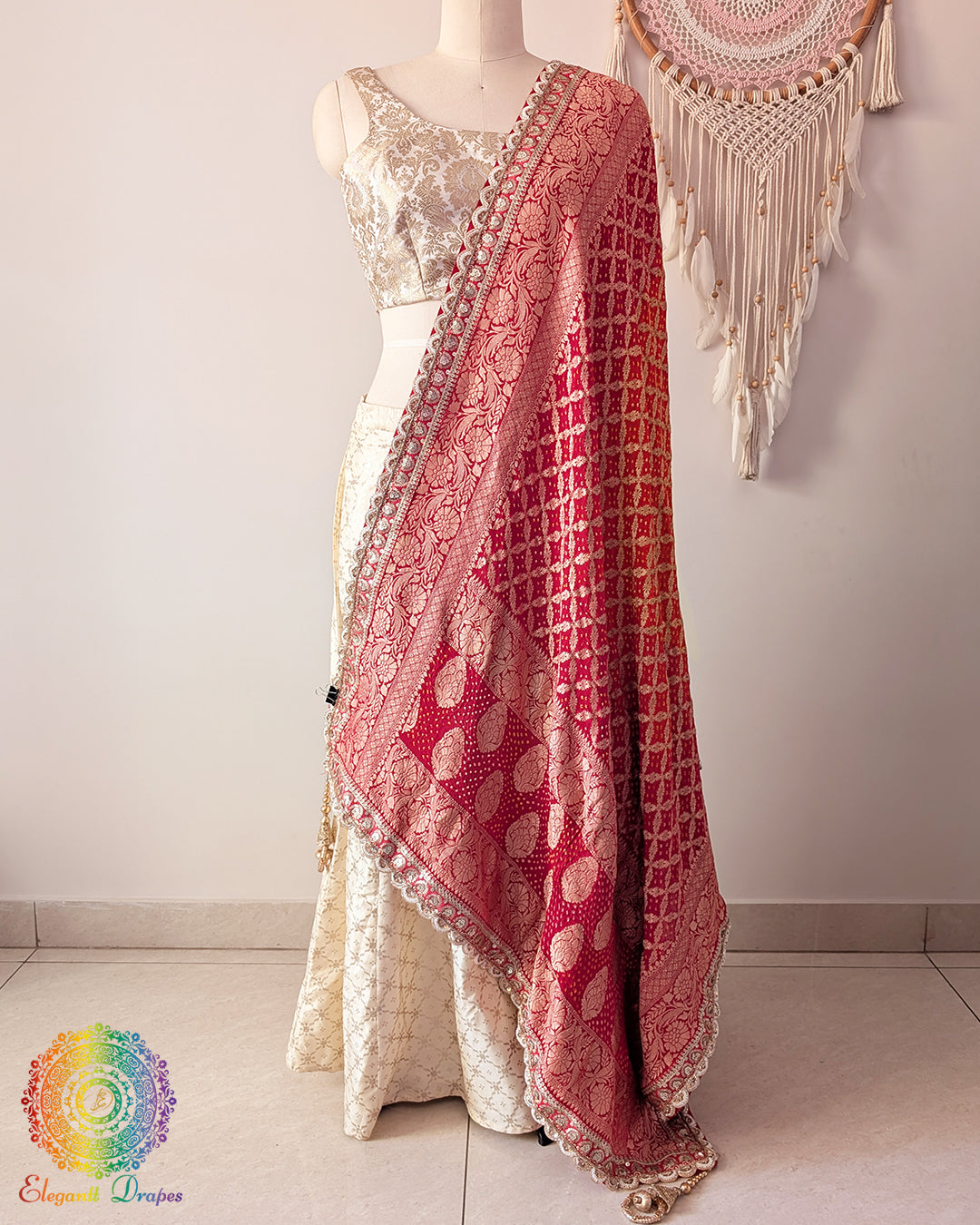 Red orange banarasi georgette bandhani dupatta with scalloped border