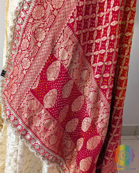 Festive red orange dupatta with scalloped border detailing