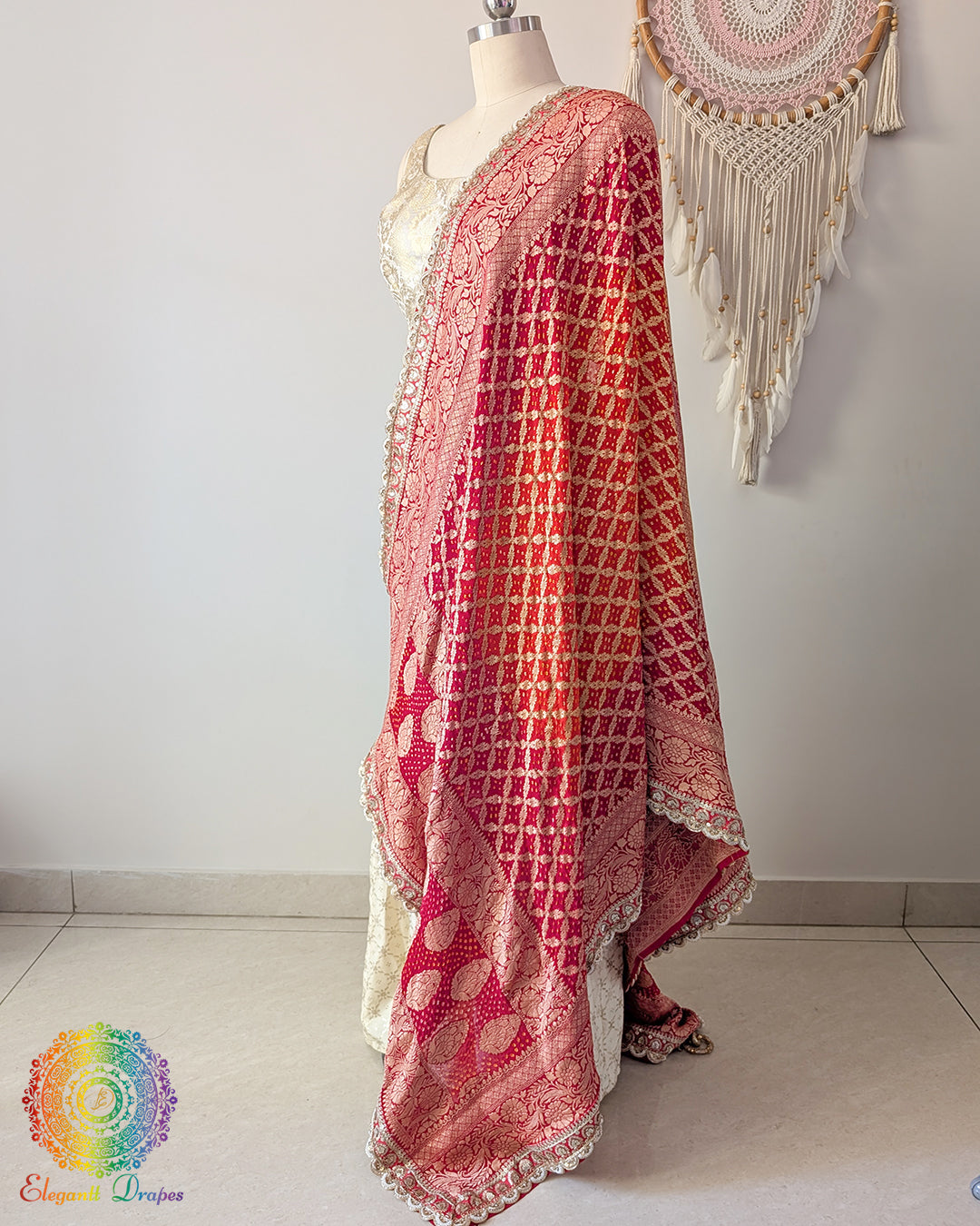 Dual tone red orange bandhani dupatta with delicate edge