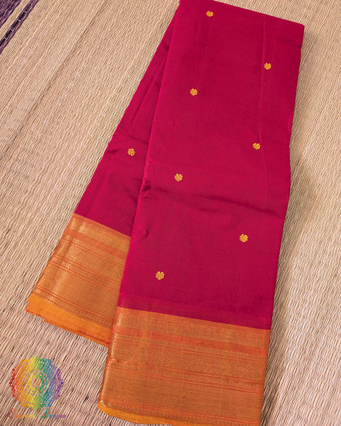 Red Kanchi cotton saree folded view showing orange contrast border