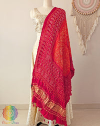 Red orange gaji silk bandhani dupatta traditional tie and dye Elegantt Drapes