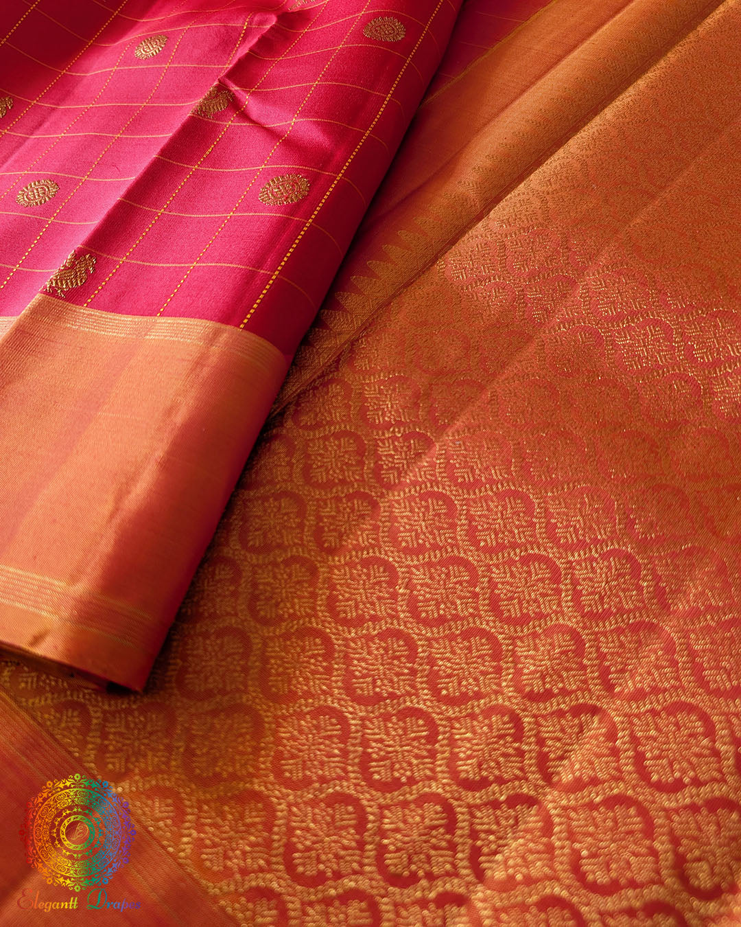 Red Checkered Pure Kanjivaram Silk Saree – Gold Zari Border Detail showcasing the intricate woven zari pattern and traditional border craftsmanship against the red silk.
