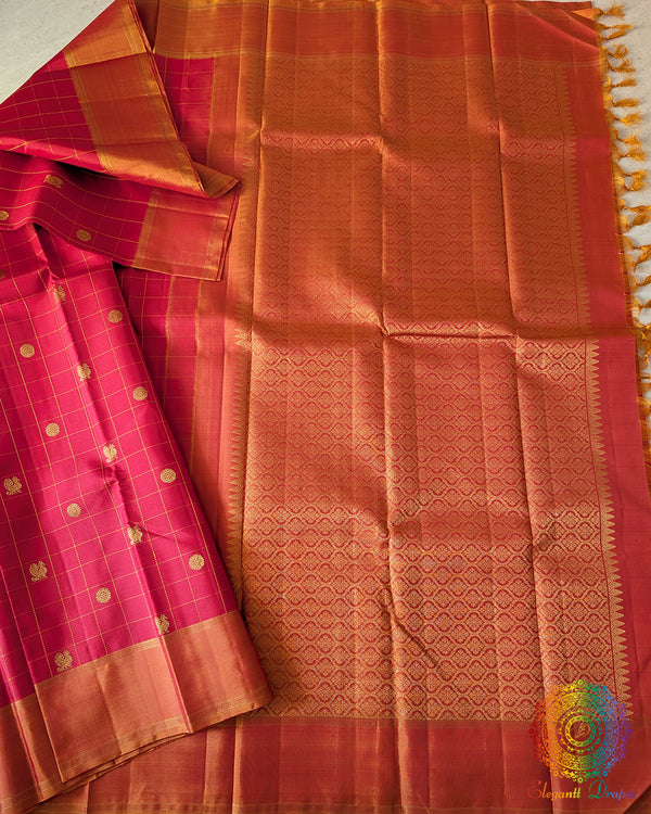 Red Checkered Pure Kanjivaram Silk Saree with 1gm Gold Zari – Open Full View displaying the complete saree, classic red checkered body and traditional Kanjivaram handloom design.