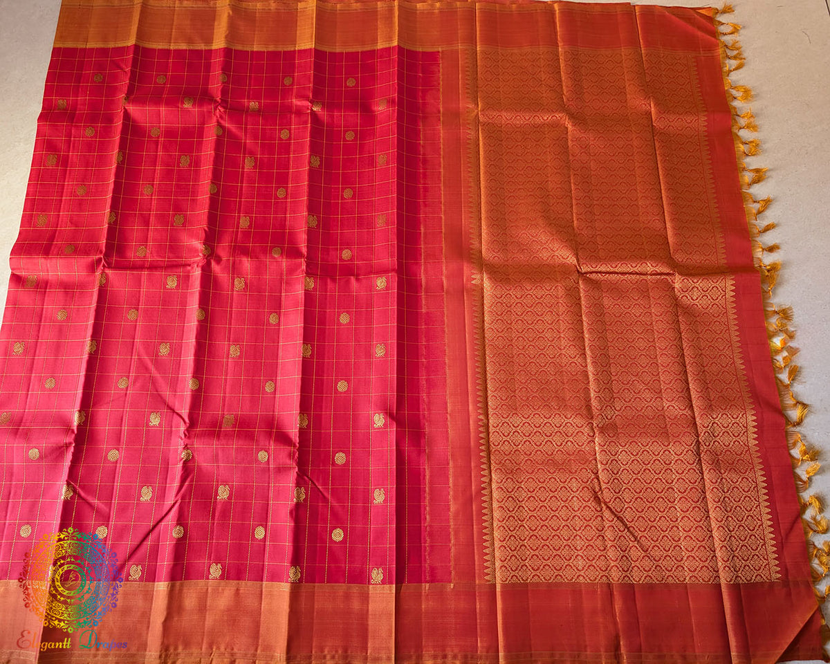 Red Checkered Pure Kanjivaram Handloom Silk Saree – Full Saree View highlighting the rich red colour, checkered silk body and coordinated gold zari border.