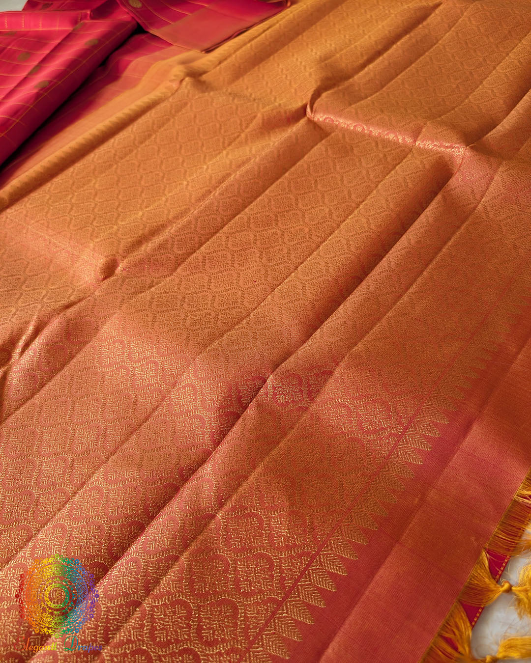 Red Checkered Pure Kanjivaram Handloom Silk Saree – Palla Close-Up highlighting the intricate zari design and rich red silk that complement the checkered body.