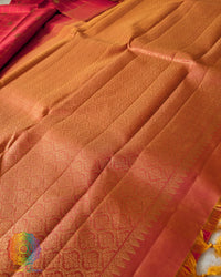 Red Checkered Pure Kanjivaram Handloom Silk Saree – Palla Close-Up highlighting the intricate zari design and rich red silk that complement the checkered body.