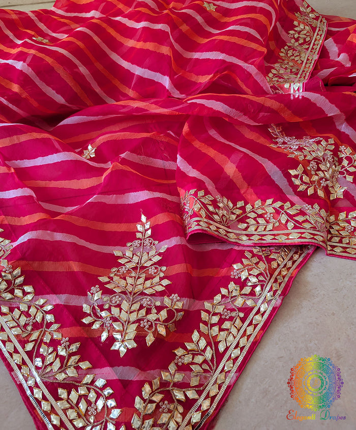 Red Organza Saree with Leheria Pattern and Kachha Gota Handwork – Detailed View