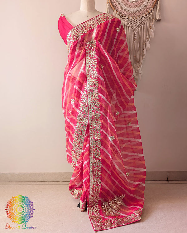 Red Organza Leheria Saree with Kachha Gota Handwork – Palla Drape