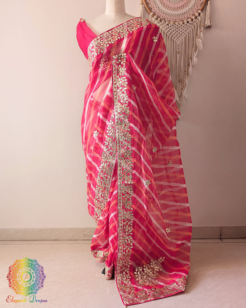 Red Organza Leheria Saree with Kachha Gota Handwork – Palla Drape