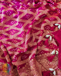 Kodi tassels on Red Pink Shaded Banarasi Georgette Gharchola Bandhani Dupatta
