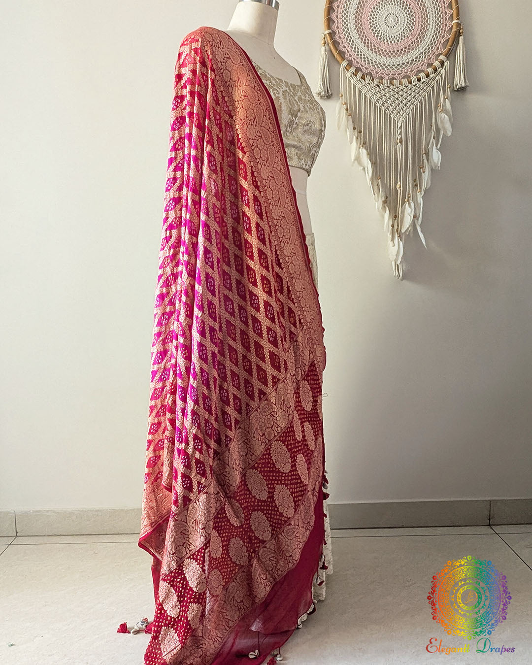 Red Pink Shaded Banarasi Georgette Gharchola Bandhani Dupatta side drape view