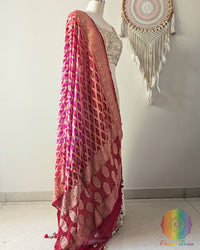 Red Pink Shaded Banarasi Georgette Gharchola Bandhani Dupatta side drape view
