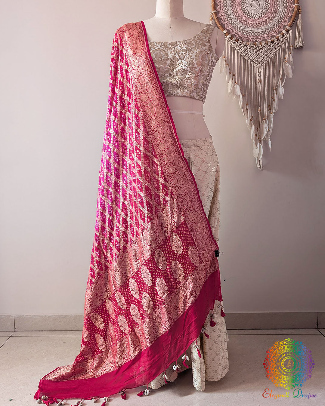 Red Pink Shaded Banarasi Georgette Gharchola Bandhani Dupatta front drape view