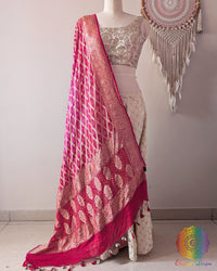 Red Pink Shaded Banarasi Georgette Gharchola Bandhani Dupatta front drape view