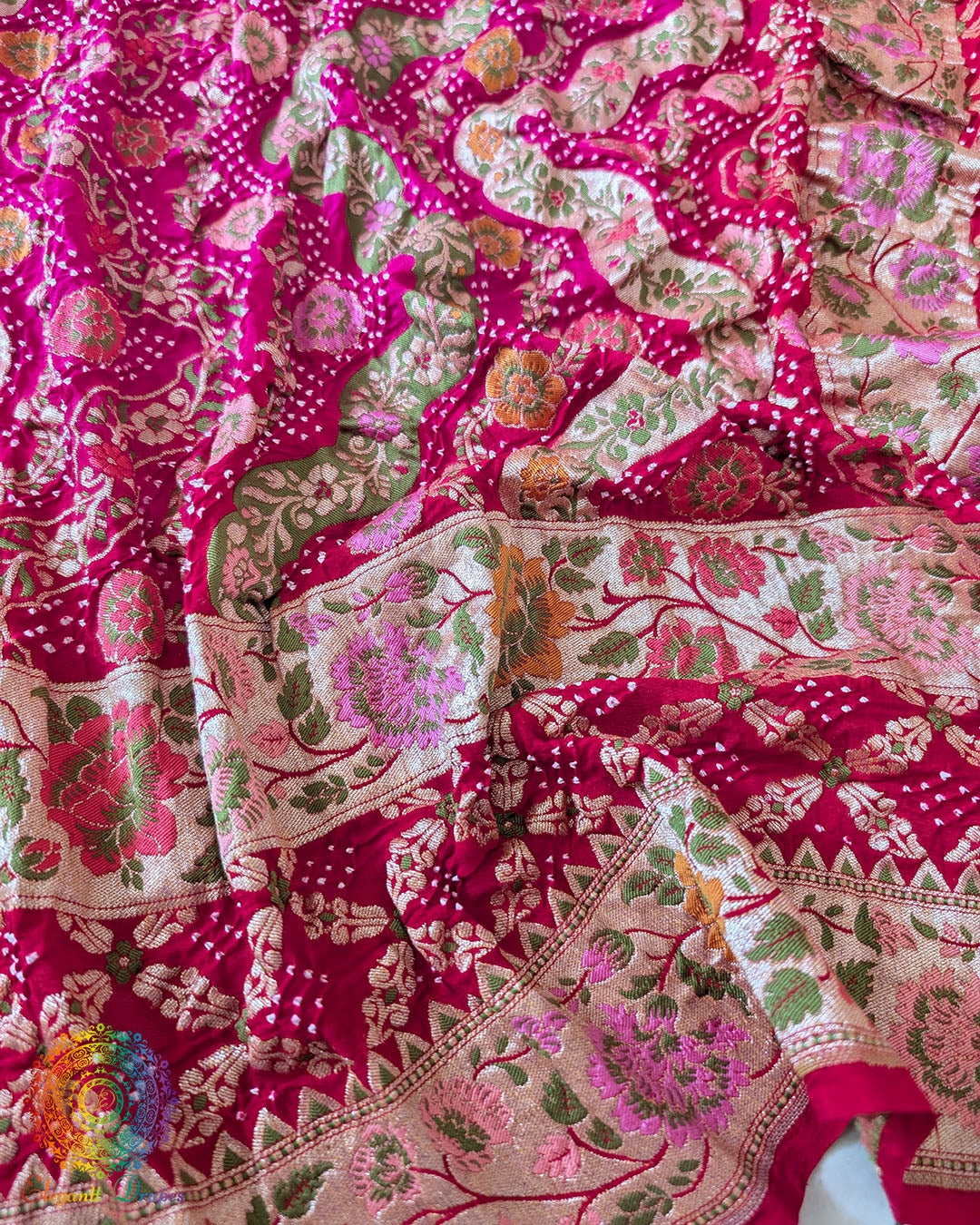 Red Pink Shaded Khaddi Georgette Dupatta with Bandhani and Meenakari detailing