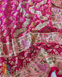 Red Pink Shaded Khaddi Georgette Dupatta with Bandhani and Meenakari detailing