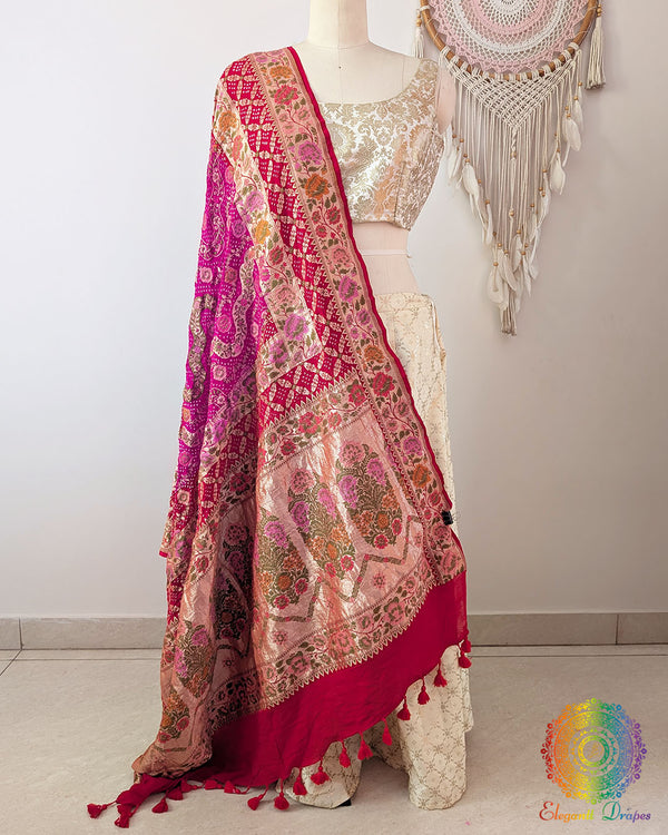 Red Pink Shaded Khaddi Georgette Bandhani Meenakari Dupatta full drape view