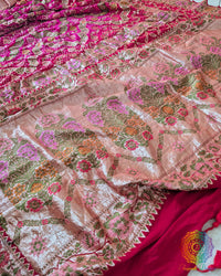 Close-up of Bandhani and Meenakari detailing on Red Pink Shaded Dupatta