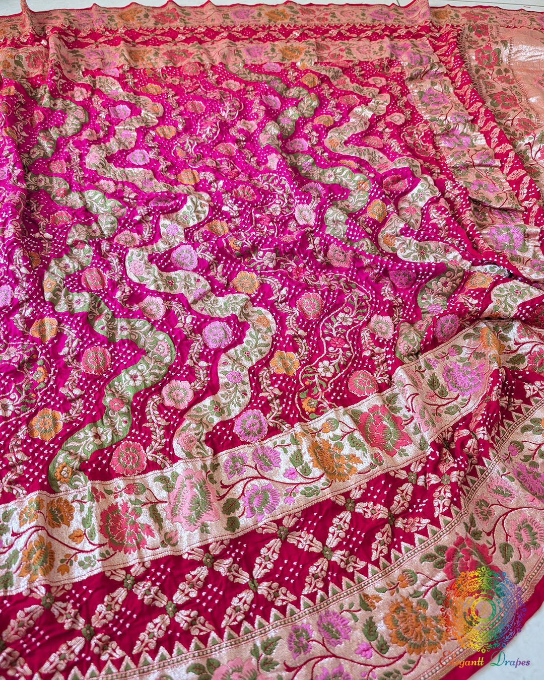 Close-up of Meenakari handwork on Red Pink Khaddi Georgette Dupatta