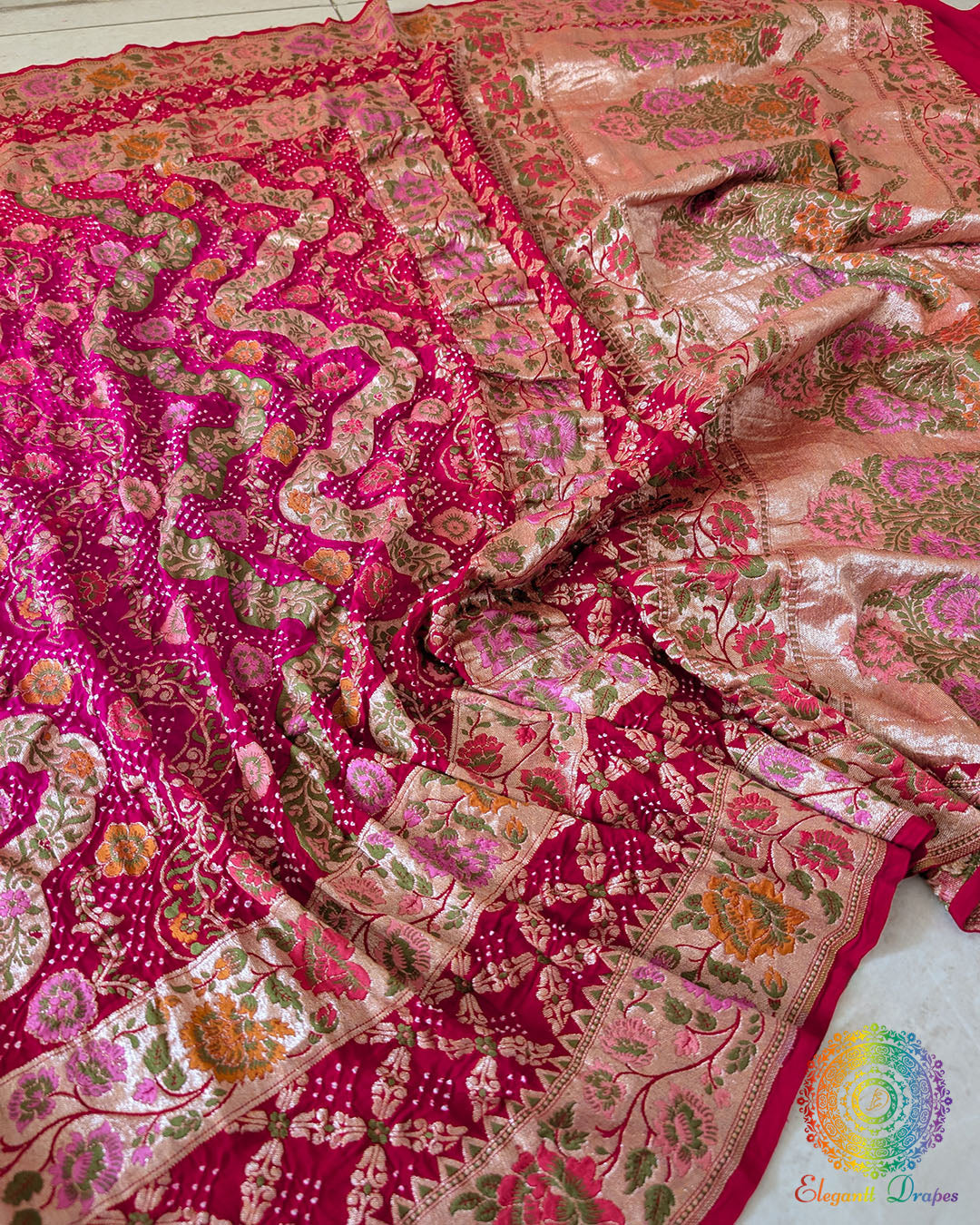 Red Pink Shaded Khaddi Georgette Bandhani Meenakari Dupatta details