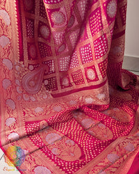 Palla close up on Banarasi bandhej saree highlighting sona rupa zari detailing