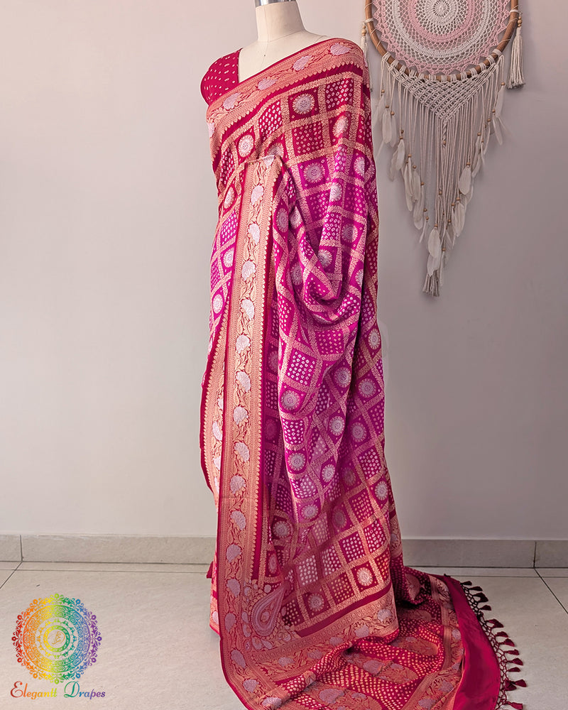 Side angle view of red pink bandhej saree highlighting graceful palla fall