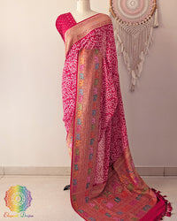 Red Banarasi khaddi georgette Shikargah bandhani saree on mannequin showing full drape