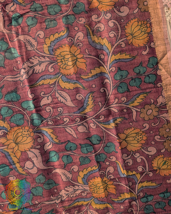 Close-up of intricate hand-painted Kalamkari motifs on Deep Maroon Pure Tussar Silk dupatta