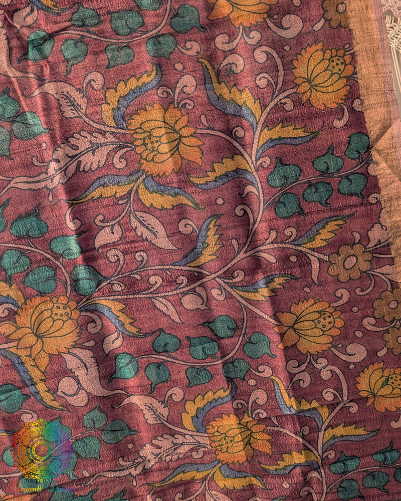 Close-up of intricate hand-painted Kalamkari motifs on Deep Maroon Pure Tussar Silk dupatta