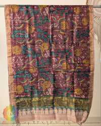 Deep Maroon Hand-Painted Kalamkari Pure Tussar Silk Dupatta showcasing traditional artisan painting and natural silk texture