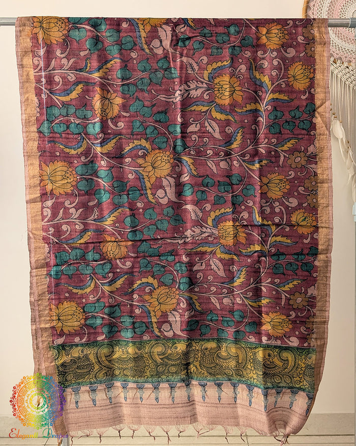Deep Maroon Hand-Painted Kalamkari Pure Tussar Silk Dupatta showcasing traditional artisan painting and natural silk texture