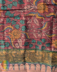 Close-up of authentic hand-painted Kalamkari artwork highlighting the rich texture and natural sheen of Deep Maroon Pure Tussar Silk dupatta
