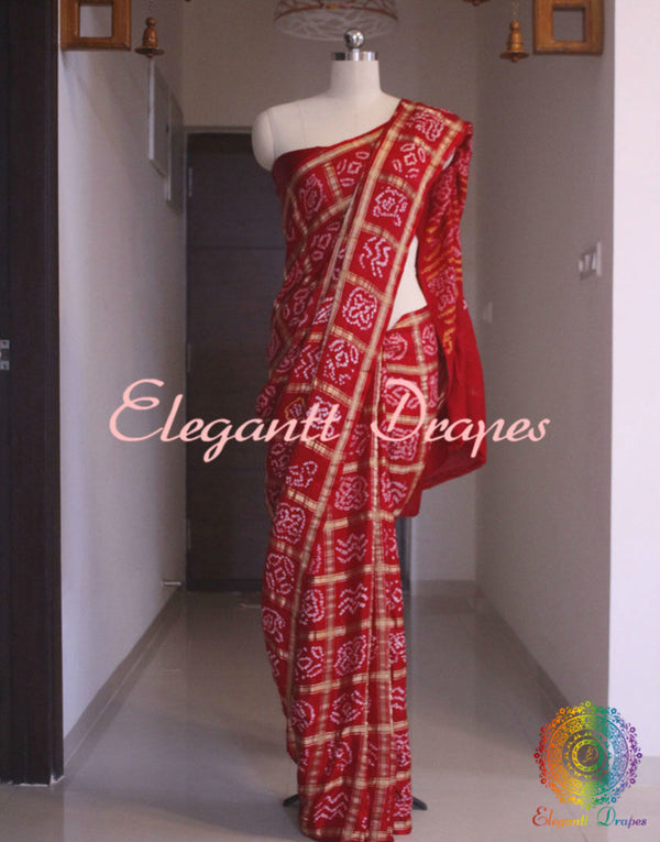 Red Gharchola saree pallu with Bandhej detailing