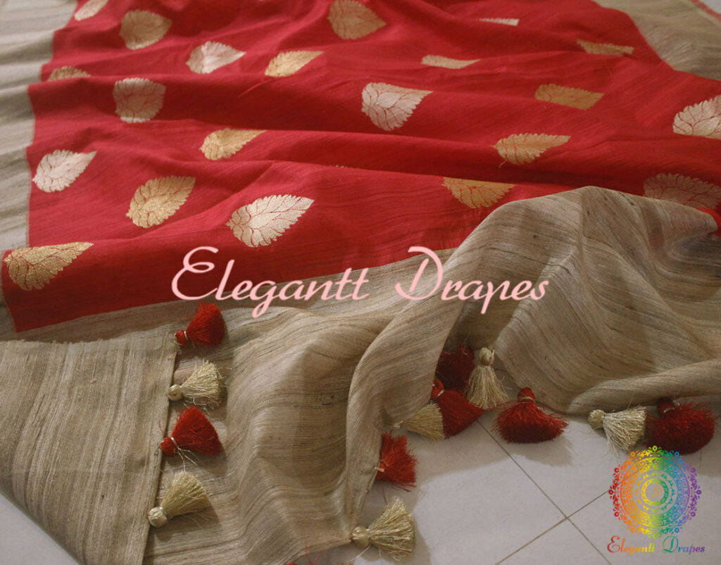 Gorgeous Red Banarasi Handloom Pure Tussar Silk Saree | Elegantt Drapes
